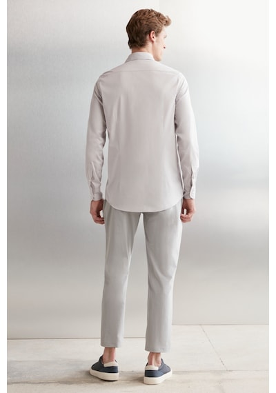 Grımelange Carlsten Erkek Slim Fit Italyan Yaka %100 Pamuk Poplin Açık Gri Gömlek