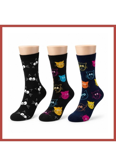 Bezos Unisex Kedi Desenli Çorap 3'lü Set Pamuklu Renkli Uzun Soket Dikişsiz Nefes Alan Rahat Günlük Çorap Erdotıca Çok  Renkli