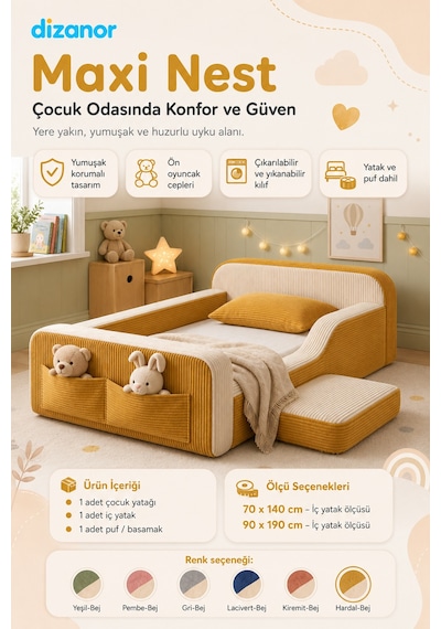 Dizanor Maxi Nest Montessori Çocuk Karyola Yatak Seti Sarı Fitilli 140 X 200 Dizanor Maxi Nest Montessori Çocuk Karyola Yatak Seti Sarı Fitilli 140 X 200