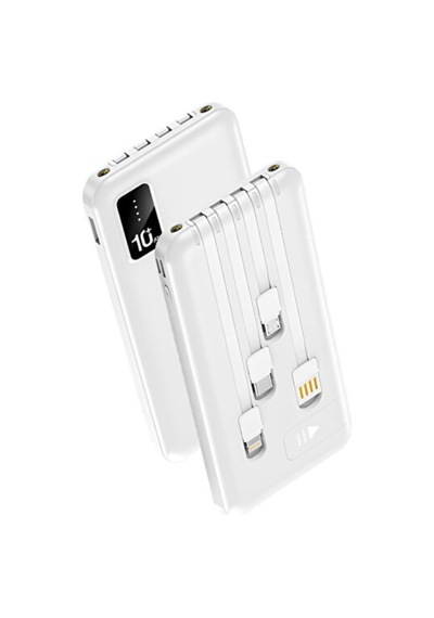 10.000 Mah Powerbank Dahili Çoklu Kablolu Taşınabilir Şarj Aleti Led Işıklı Güç Bankası Beyaz