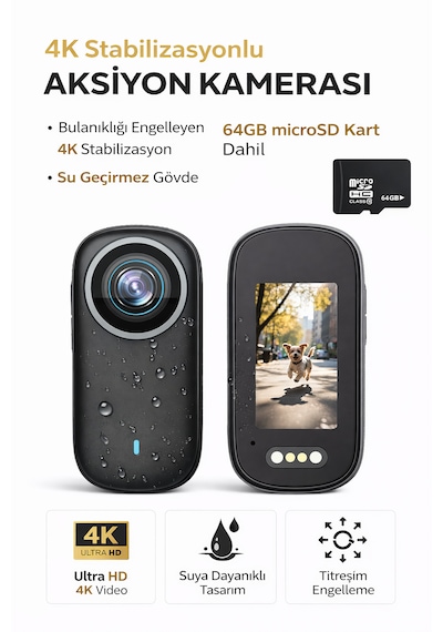 4k Ultra Hd Mini Aksiyon Kamerası Manyetik Klipsli Su Geçirmez Geniş Aksesuar Seti