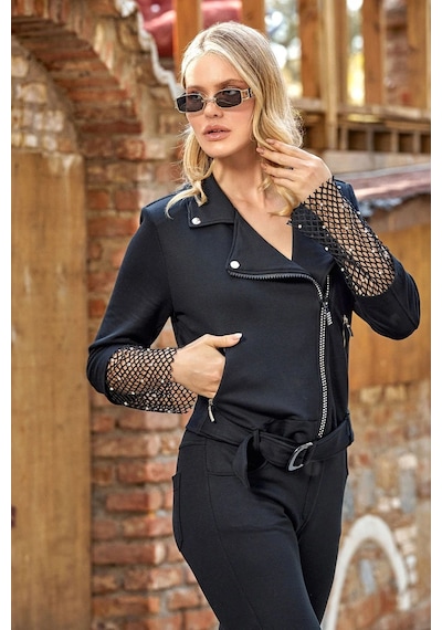 Cossy By Aqua 24215 Kadın Uzun Kollu File Ve Taş Baskı Detaylı Eşofman Takımı-siyah Siyah
