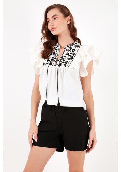 Lela Pamuklu Regular Fit Nakış Işlemeli Bayan Bluz 611Bz0253 Ekru-Siyah
