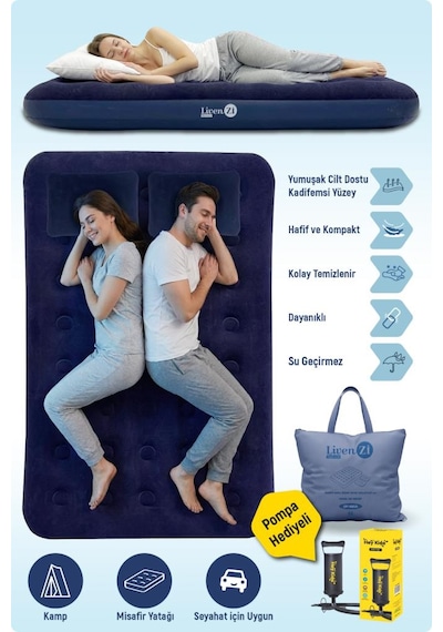 Livenzi Nature Çift Kişilik Şişme Yatak Yastık + Manuel Şişirme Pompası 191 137 22 Cm Lacivert