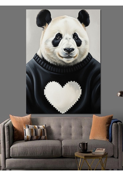 Ahşap Tablo Kalpli Siyah Beyaz Panda