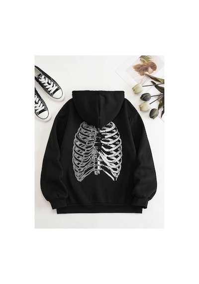 Tarzsokak Coke Serisi Skeleton Print Zip Up Thermal Lined Drawstring Hoodie Siyah