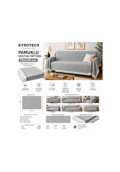 Tr Premium Pamuklu Lilyana Koltuk Örtüsü 170x210 Cm, Çift Taraflı Dekoratif Şal, Tekli, Üçlü, Kanepe, Çekyat V Genel