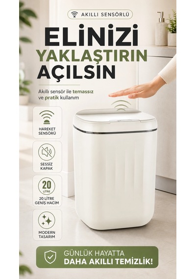 Otomatik Açılıp Kapanan Kapak Sensörlü Çöp Kutusu 20 Litre İç Hacim Geniş Büyük Boy Çok Renkli