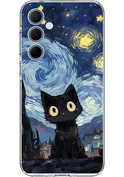 Samsung Galaxy A35 Uyumlu Gece Yarısı Kedi Tasarımlı Baskılı Silikon Kılıf Renkli