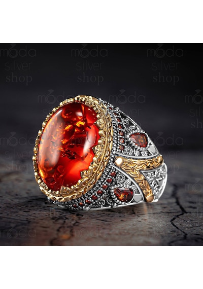 Modasilvers 925 Ayar Gümüş Oval Sıkma Kehribar Taşlı Erkek Yüzük Gümüş