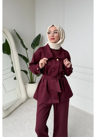 Mihran Butik Sophie Model Bel Kemer Ve Düğme Detaylı Kadın Takım Bordo Çok Renkli