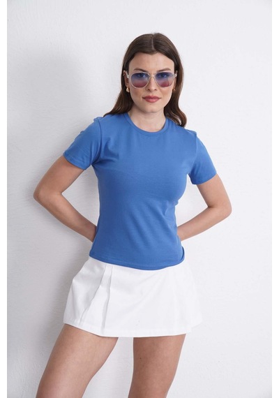 Crop Slim Fit Pamuk Likra Tişört-koyu Mavi Koyu Mavi