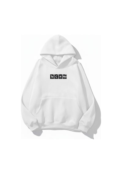Uyguntarz Unisex Yumuşak Dokulu Techno Baskılı Tasarım Oversize 3 İplik Hoodie Sweatshirt beyaz