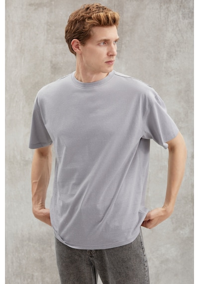 Grımelange Grımelange Sterlıng Erkek Oversize Fit Yagmur Damlacıklı Görüntülü Özel Dokulu Gri T-shirt Gri