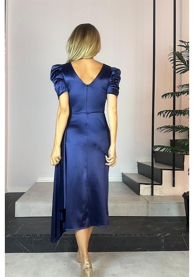 Ges Moda G0677 Balon Kol Drapeli Saten Elbise Lacivert-lacivert Lacivert