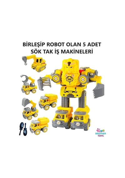 Sök Tak Birleşip Robot Olan 5 Adet Kırılmaz İş Makinesi Söktak Oyuncak