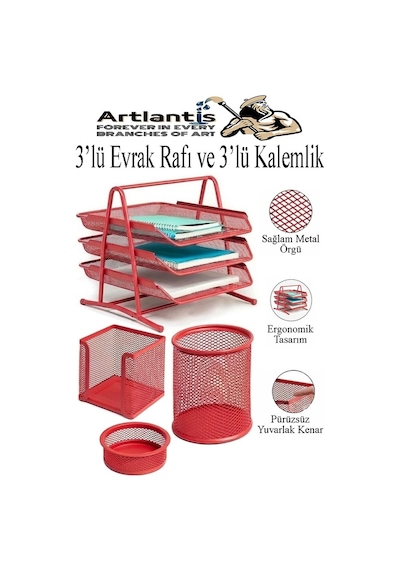 Kırmızı Metal Evrak Rafı 3 Lü Ve Masaüstü Kalemlik 3 Lü 1 Paket Masaüstü A4 Dosya 3 Katlı Düzenleyici Kağıt Tepsisi