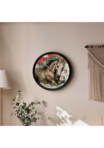 Sanatsal At Çizimi Temalı Duvar Saati 28 Cm Sessiz Mekanizma Modern Dekor Çok Renkli