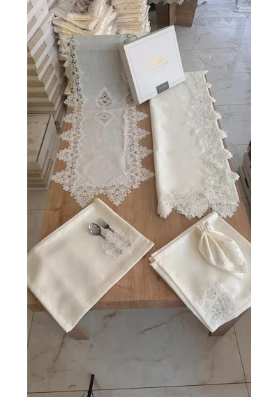 Sofra Takımı Mimoza Gardenya Keten Yemek Takımı 160x220 Masa Seti 26 Parça Runner Set Krem