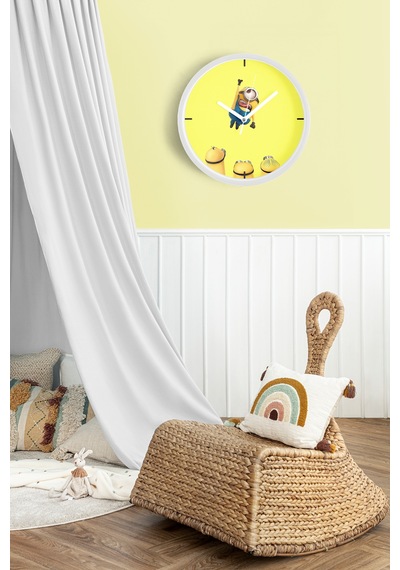 Sevimli Minyonlar Temalı Çocuk Odası Modern Duvar Saati - 30cm - Önü Camlı Beyaz Kasa Beyaz