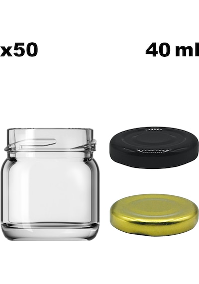 Afracam 40 Ml Metal Kapaklı Şeffaf Cam Kavanoz 50 Adet Siyah