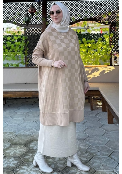 Rabia Şamlı Arzu Triko Tunik Bej Çok Renkli