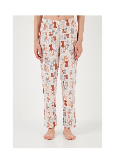 Lela Desenli Kısa Kollu Beli Lastikli Gömlek Yaka Dokuma Regular Fit Bayan Pijama Takımı 6571010 Bej