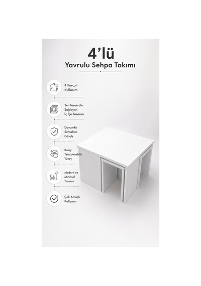 5'li Zigon Sehpa Takımı Beyaz İç İçe Geçmeli 1 Büyük + 4 Mini Modern Orta Sehpa Beyaz Beyaz