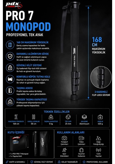 Pdx Pro 7 Monopod 168 Cm Profesyonel Tek Ayak