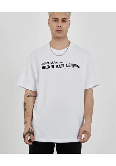 Modi Unisex Bisiklet Yaka Baskılı Oversize T-shirt - Beyaz - Mymg180630