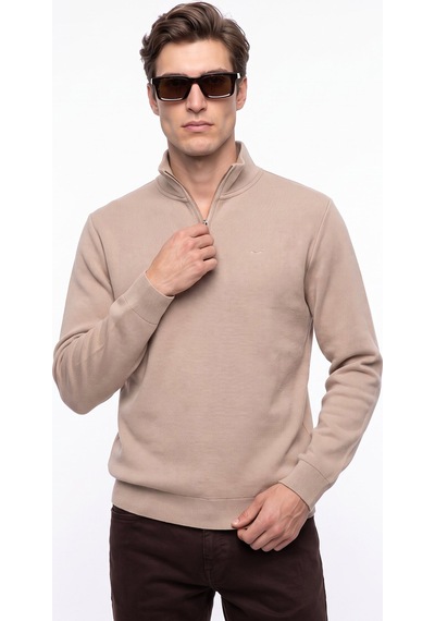 Mustang Bej Erkek Fermuarlı Basic Nakışlı Sweatshirt M6wm-swt1591