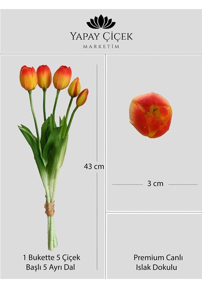 Turuncu Yapay Tulipa Lale Çiçeği Buketi 5 Dallı Premium Canlı Islak Dokulu 43 Cm