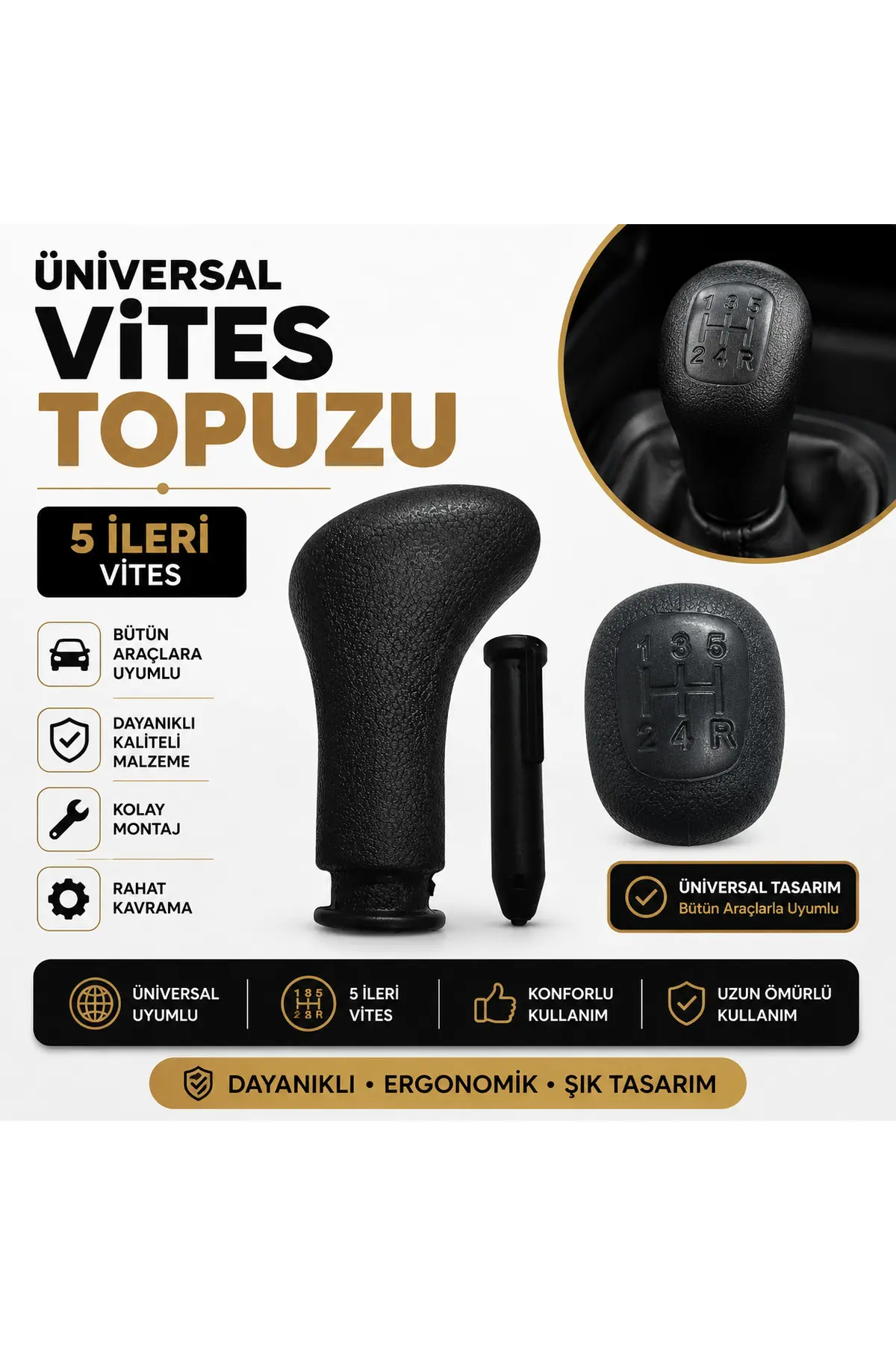 Üniversal Vites Topuzu 5 İleri Bütün Araçlara Uyumlu Vites Plastiği Dahil Mat Siyah