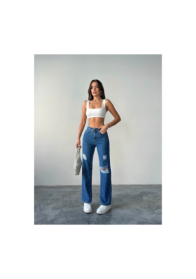 Blue Marlın Kadın Lazer Yırtık İşlemli Boyfriend Kot Bol Paça Pantolon Çok Renkli