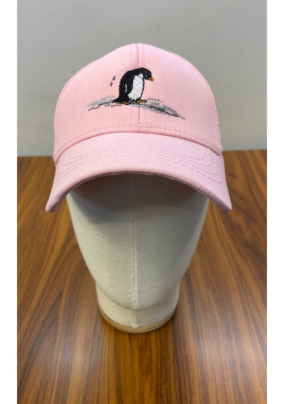 Penguen Nakışlı Gabardin Kumaş Unisex Cap Şapka Pembe