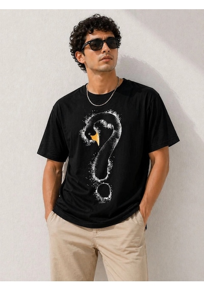 Barlashive Erkek Kuğu Figürlü Soru İşareti Baskılı Tişört Kısa Kol T-shirt - Siyah Çok Renkli