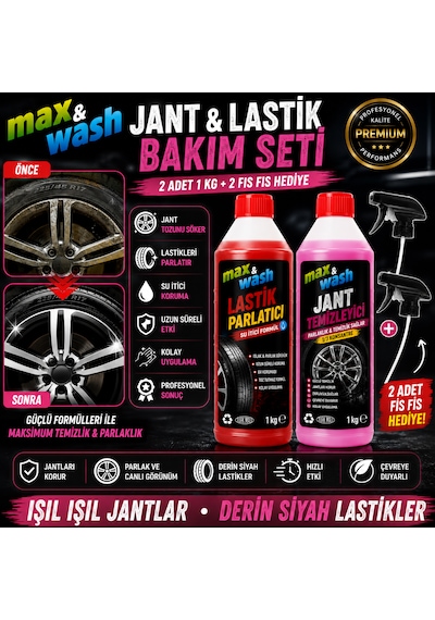 Max&wash Jant & Lastik Bakım Seti 2x1 Kg Jant Temizleyici + Lastik Parlatıcı + 2 Adet Fısfıs Hediyeli Profesyonel Araç Bakım Seti