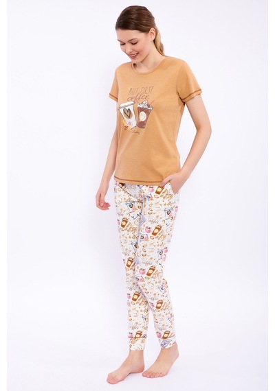 Pierre Cardin But First Coffee Camel Kadın Pijama Takımı 5274-29062 Camel