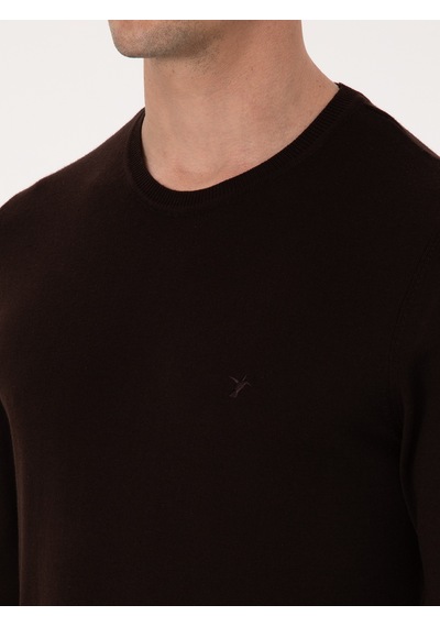 Cacharel Kahverengi Slim Fit Pamuk Karışımlı Bisiklet Yaka Basic Triko Kazak