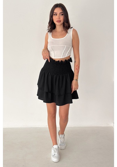 Kadın Katlı Smock Bel Mini Short Etek Summer Layers Siyah