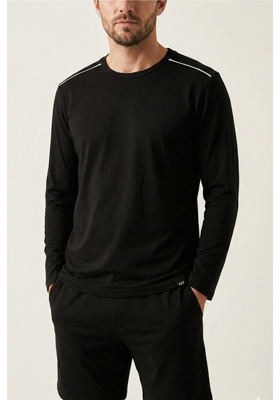 Elemge %100 Pamuk Süprem Uzun Kollu Pijama Üstü Erkek T-shirt Compact Penye Rahat Kalıp Tok Kumaş Siyah