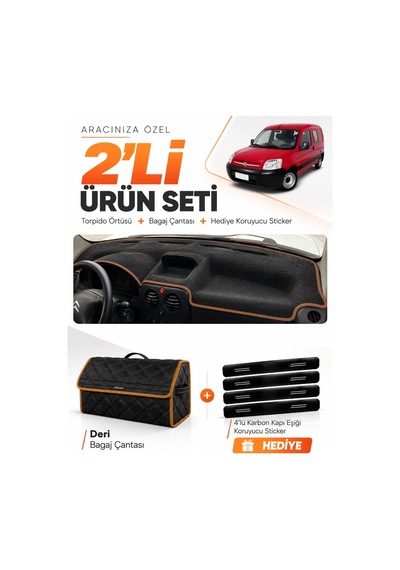Cıtroen Berlıngo M59 2002-2008 Uyumlu Torpido Örtüsü + Deri Çanta + Sticker - Siyah Kahverengi