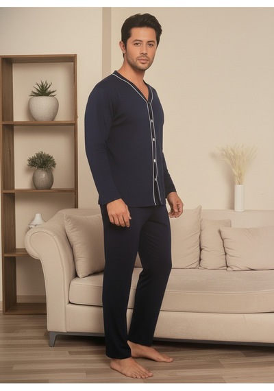 Erkek Önden Düğmeli Uzun Kollu Pijama Takım Lacivert