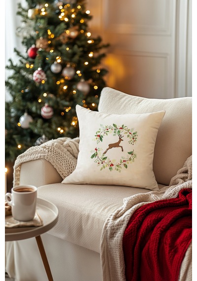 Charm Renkli Geyik Baskılı Beyaz Kırlent 43x43 35257a Beyaz