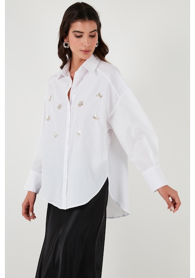 Lela Taş Detaylı Regular Fit Bayan Gömlek 611Go00417 Ekru