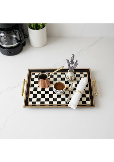Kahve Tepsisi Modern Dekoratif Sunum Tepsisi Siyah Beyaz Ahşap Dama Desenli - 45x28 Cm Ahşap - Siyah
