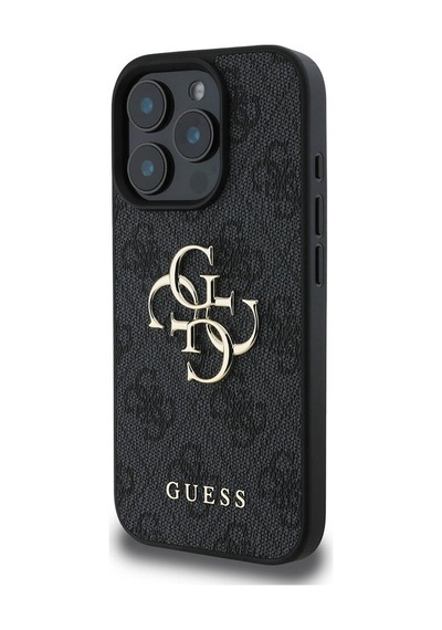 Apple iPhone 16 Pro Uyumlu Kılıf Guess  Lisanslı Pu Deri 4g Desen Metal Büyük 4g Ve Yazı Logo Siyah
