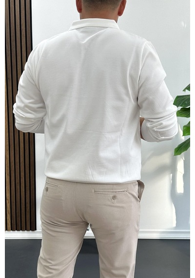Edwox Erkek Yarım Fermuarlı Düz Desen Polo Yaka Kazak Beyaz Edw424 Beyaz