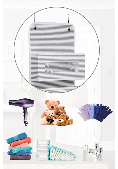 6 Katlı Kapı Arkası Düzenleyici Raf Bebek Eşyası Çocuk Odası Banyo Organizer Çizgili Beyaz - Gri