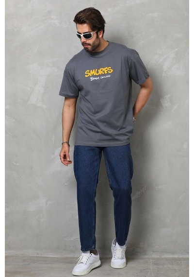 Novalisse Erkek Kısa Kol Yazlık Tişört Bisiklet Yaka Baskılı Oversize T-shirt - Füme Çoklu Renk